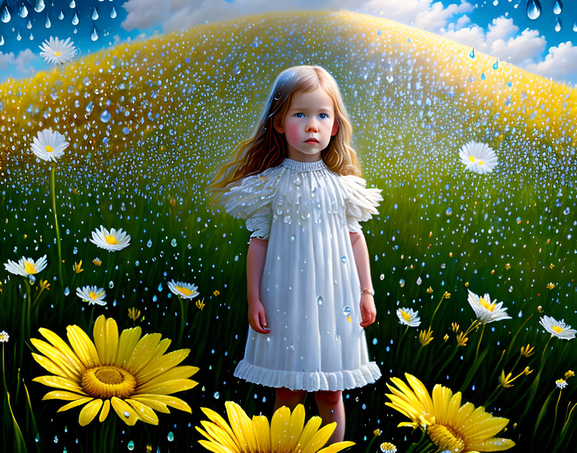 Young girl in white dress surrounded by daisies under split rain-sun sky