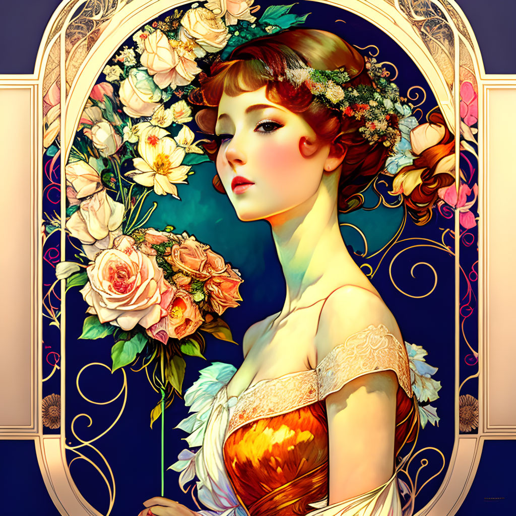 Art Nouveau Woman Portrait with Floral Wreath and Ornate Patterns