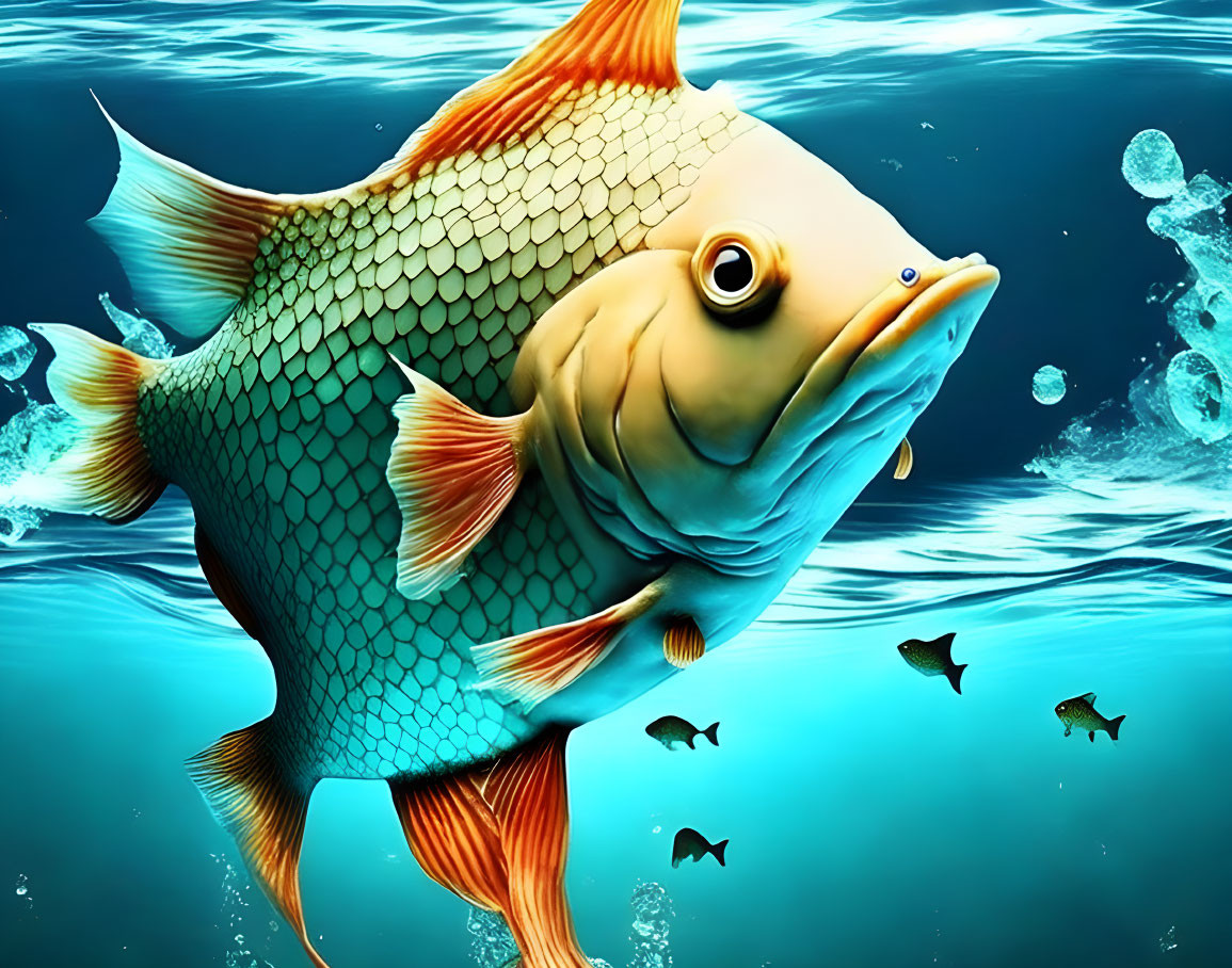 Detailed Golden Fish Swimming in Blue Water with Bubbles