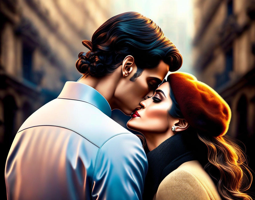 Illustration of romantic couple about to kiss in city street scene