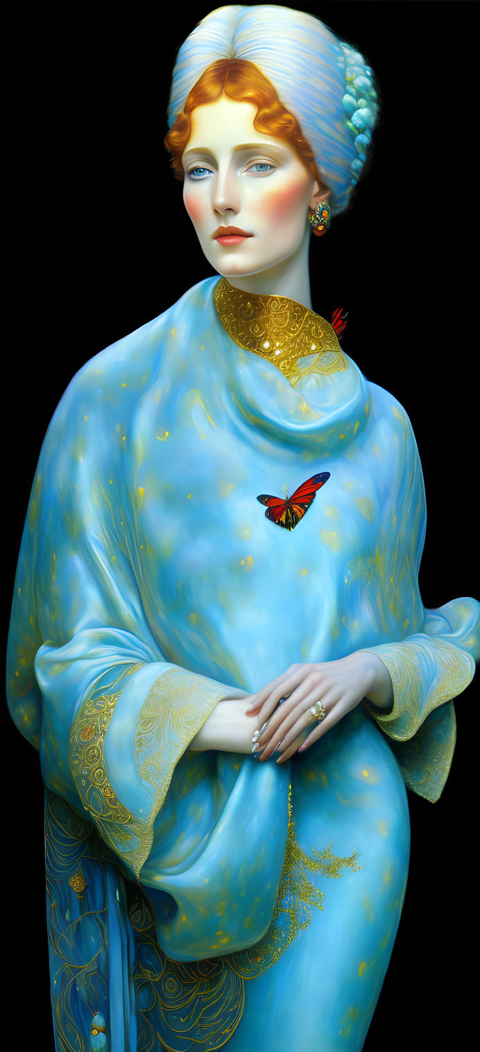 Illustrated figure in blue and gold shawl with butterfly shoulder detail