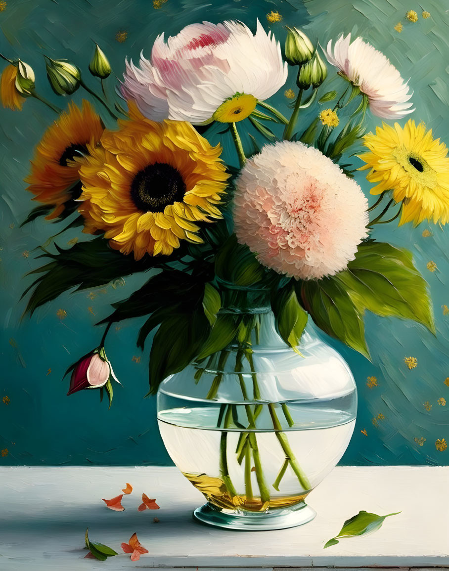 Colorful Still Life Painting with Flowers on Tabletop against Blue Background