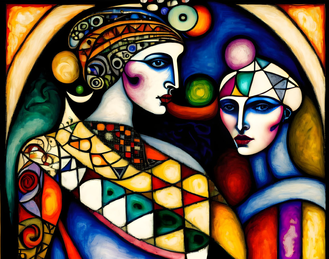 Vibrant abstract art: stylized faces, geometric patterns, vivid colors.