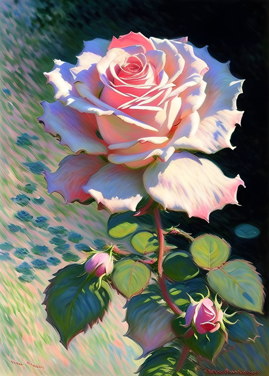 Pink Rose with White Edges Blooming in Green Background