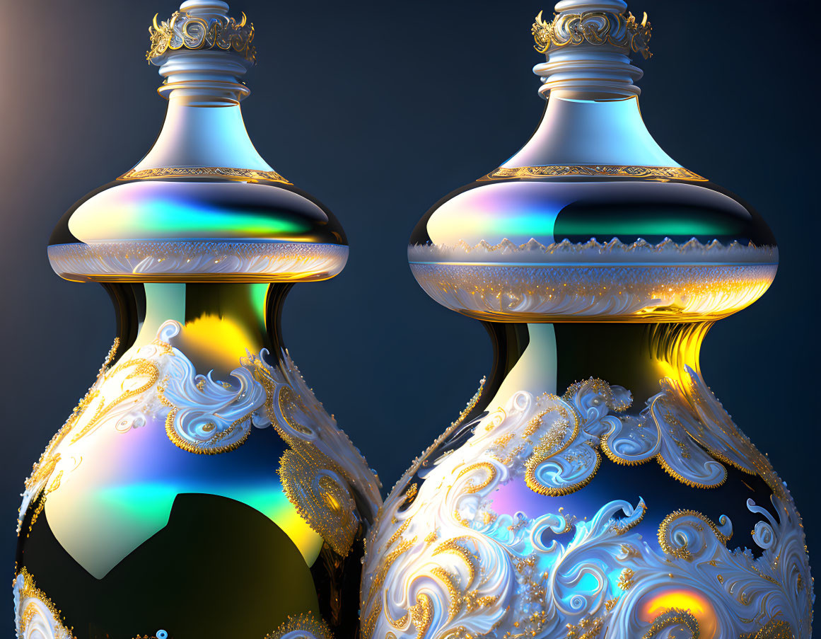 Ornate gold and white perfume bottles on dark background