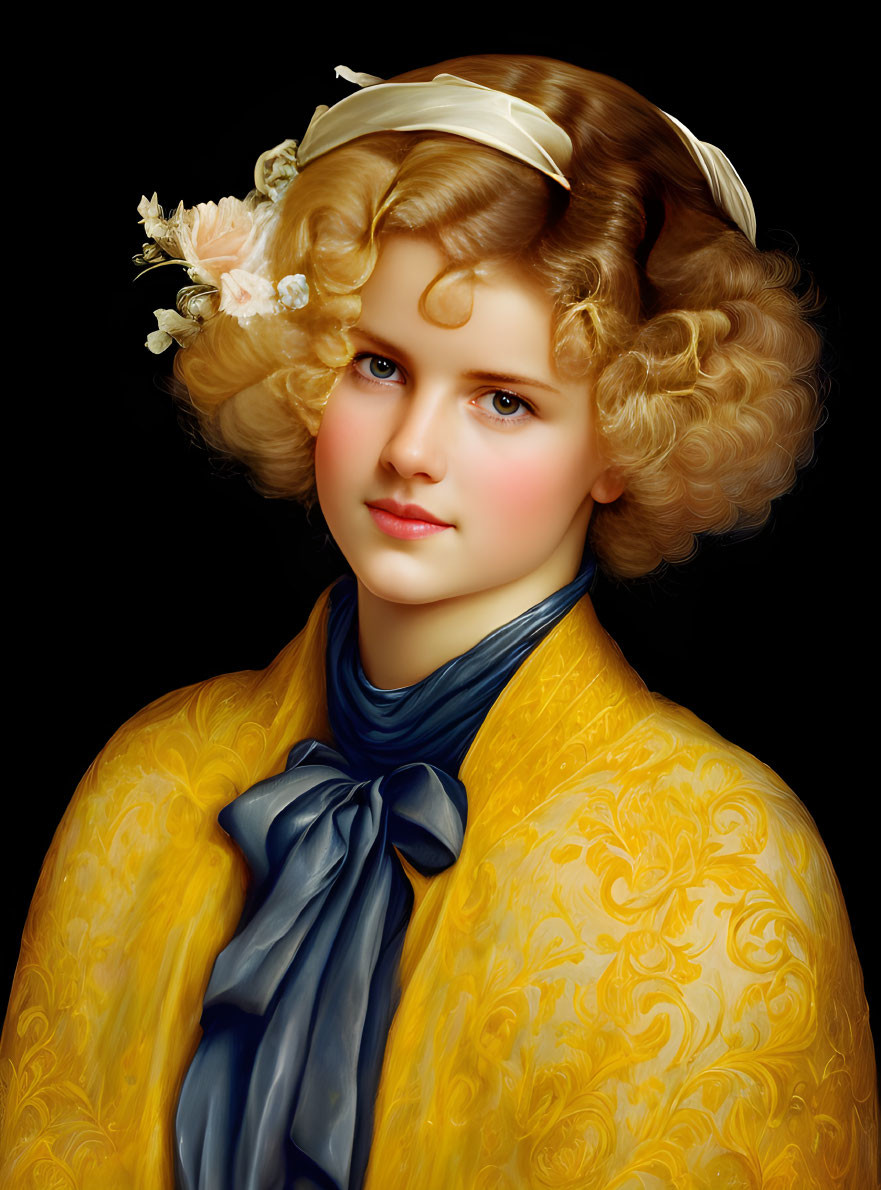 Blonde woman with floral hair in yellow dress and blue scarf