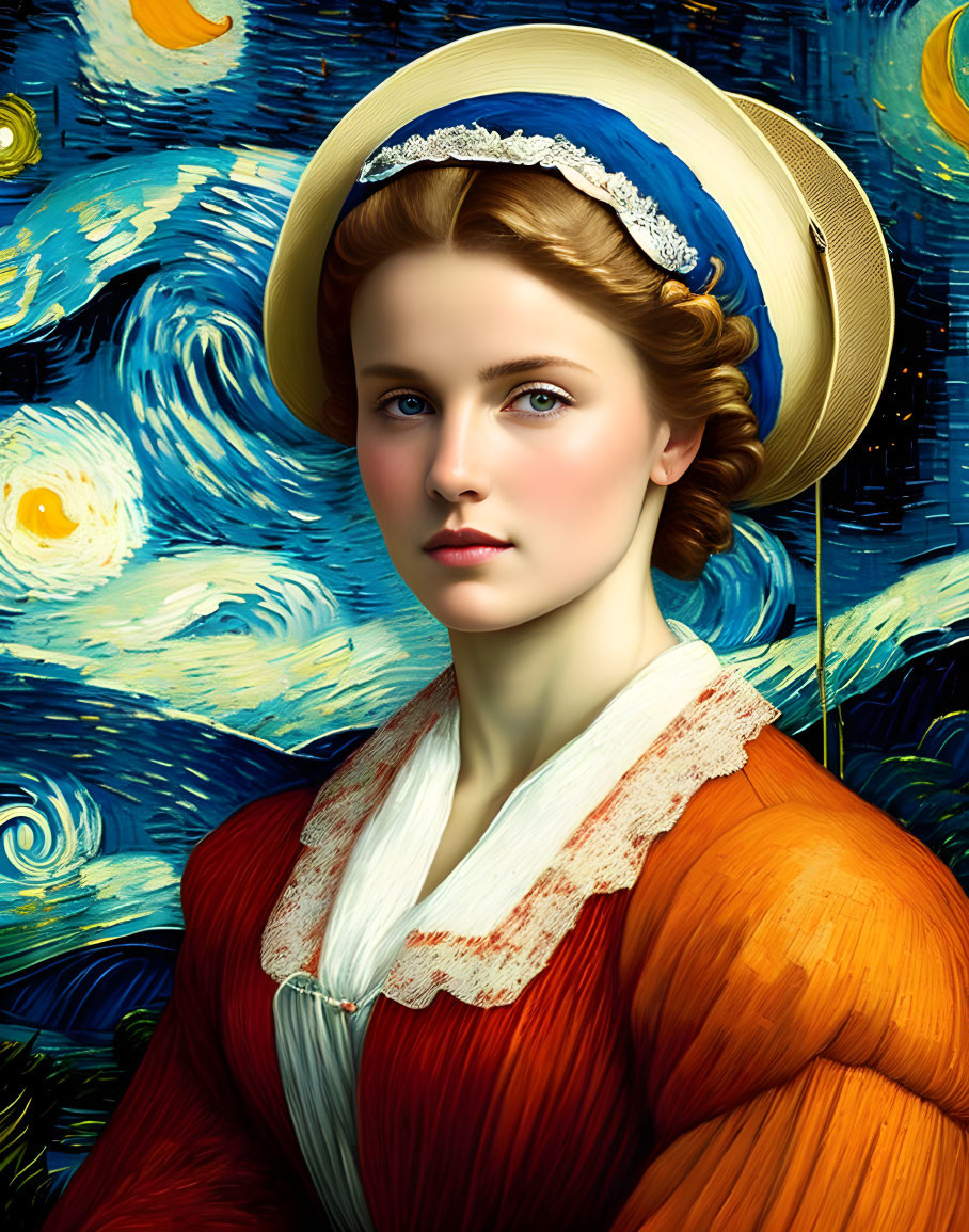 Digital artwork: Woman in vintage attire merged with "Starry Night" background