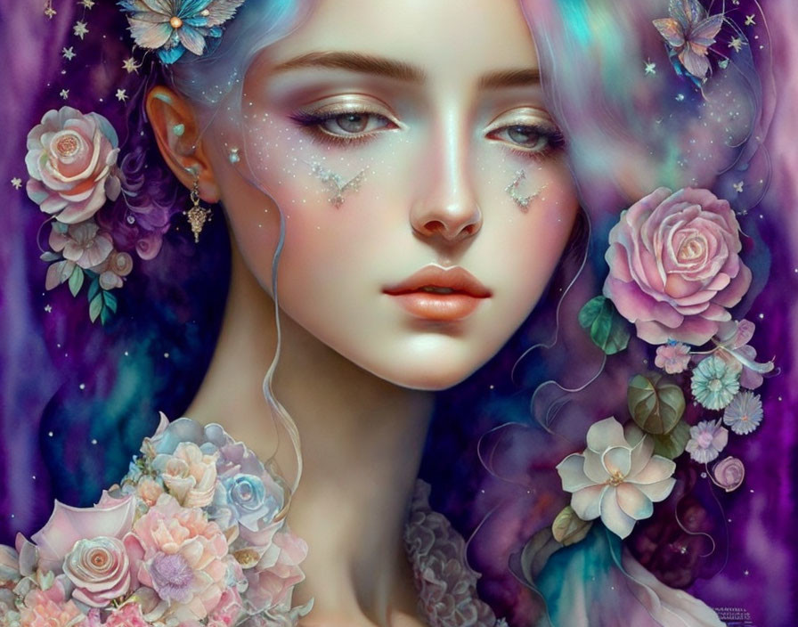 Multicolored hair woman with flowers and stars in pastel tones