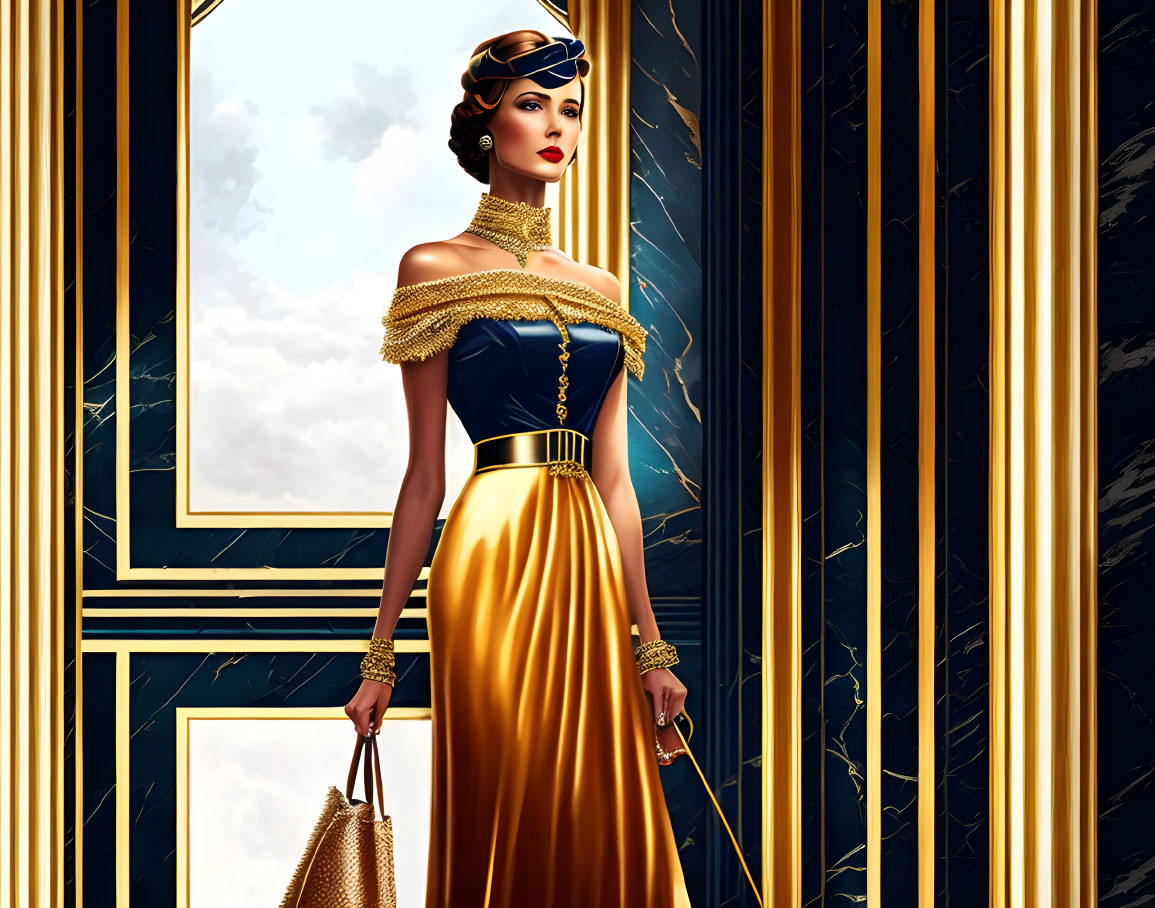 Illustration of woman in blue and gold dress with vintage hairstyle and handbag