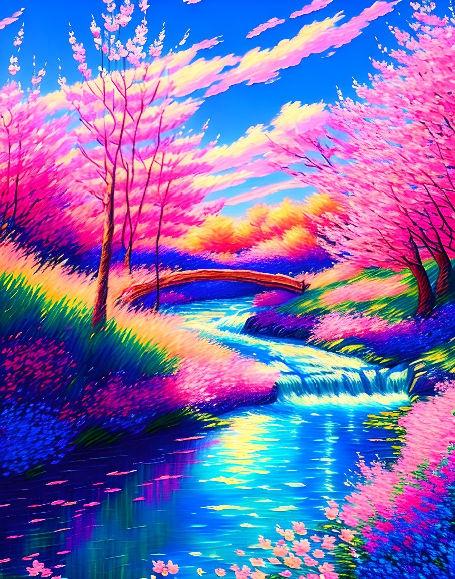 Vibrant landscape painting: blue stream, pink cherry blossoms, lush greenery, sunset sky