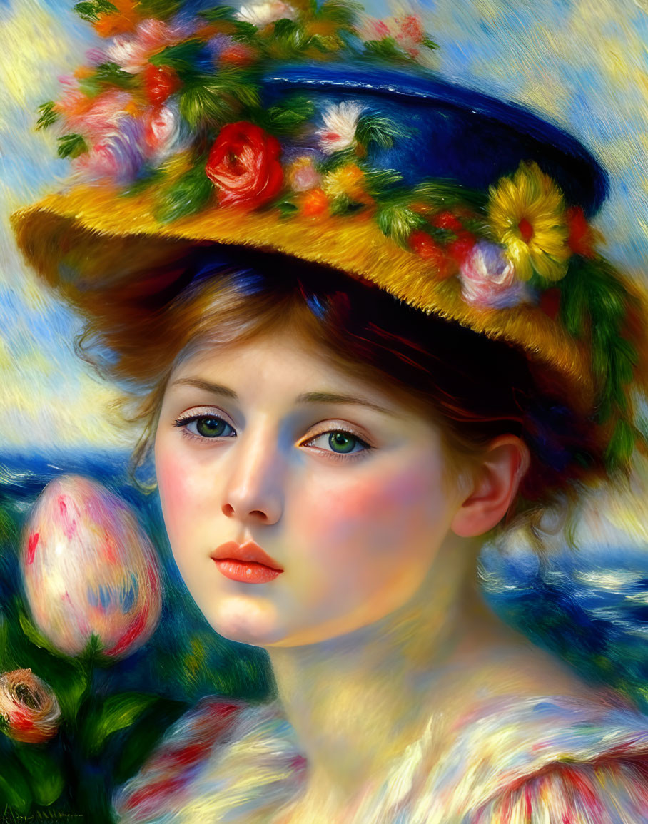 Young woman portrait with floral hat on colorful background