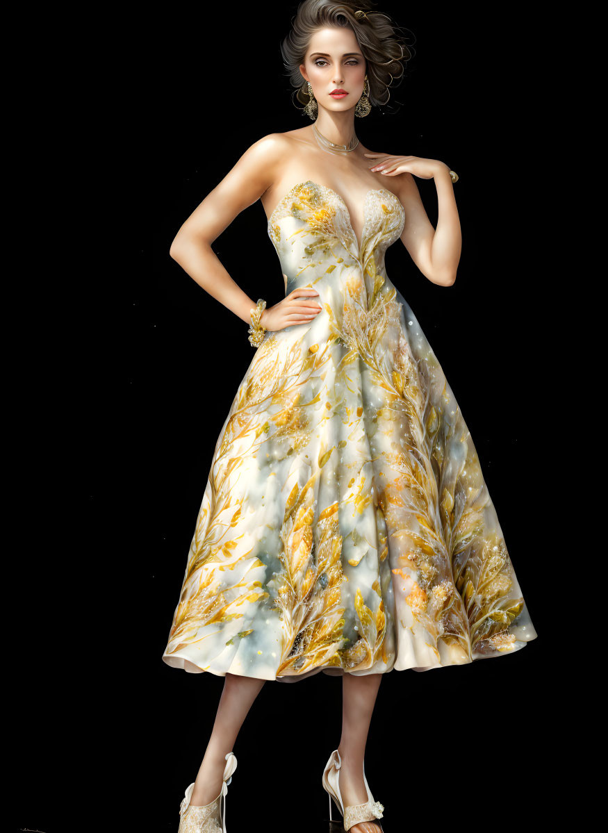 Woman in White and Gold Floral Dress with Golden Accessories on Black Background