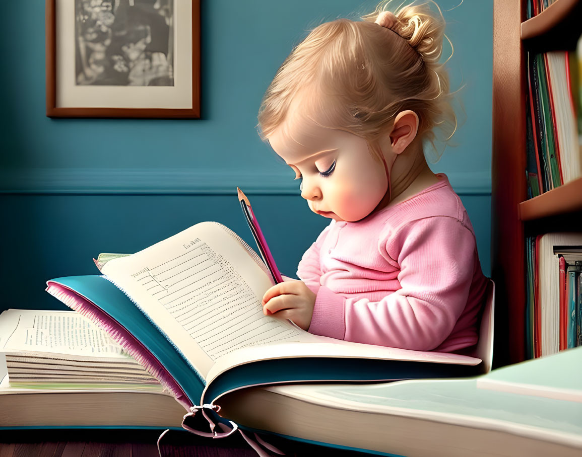 Toddler reading large book with pencil, surrounded by books and teal wall.