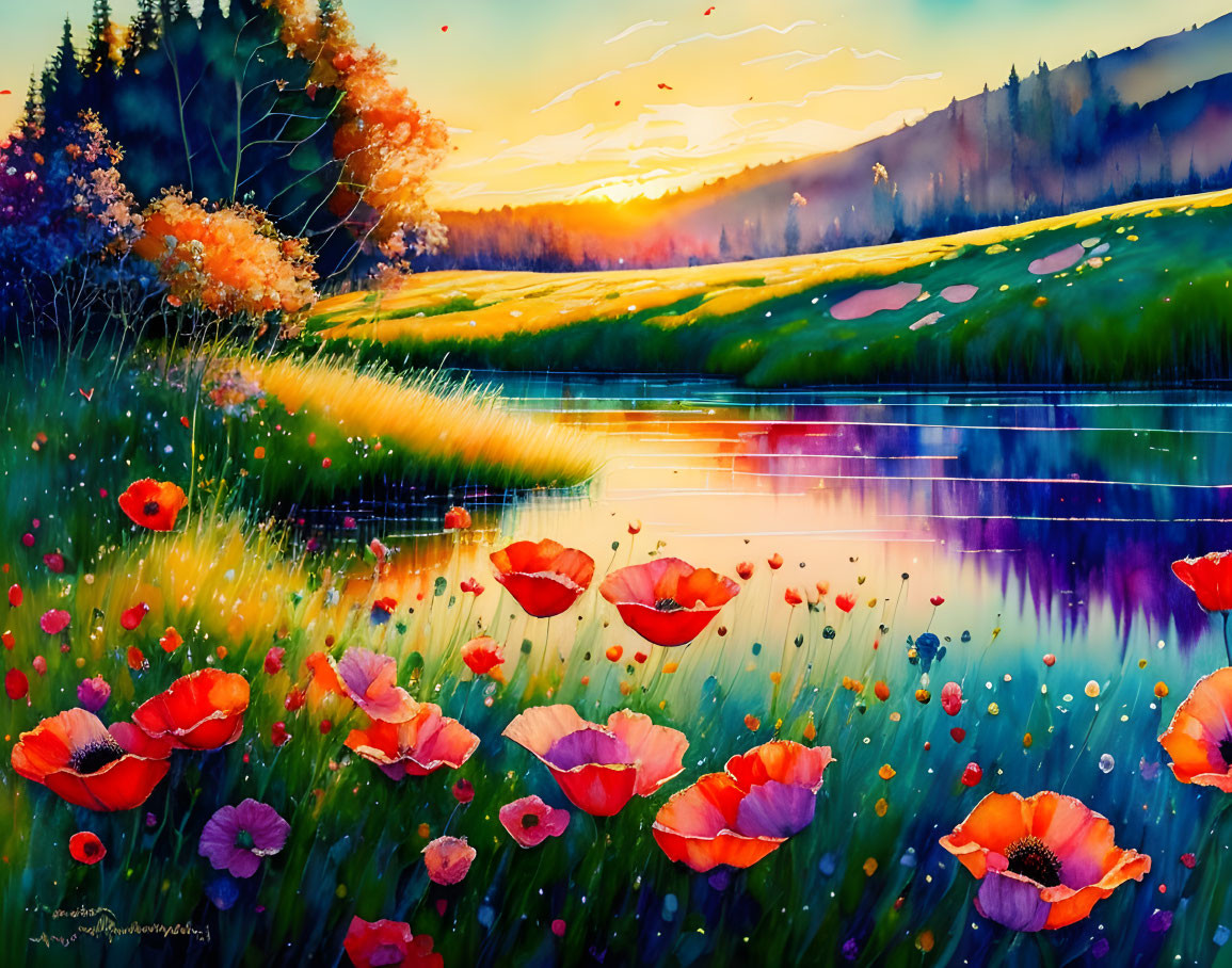 Colorful watercolor landscape with poppies, river, fields, and sunset sky