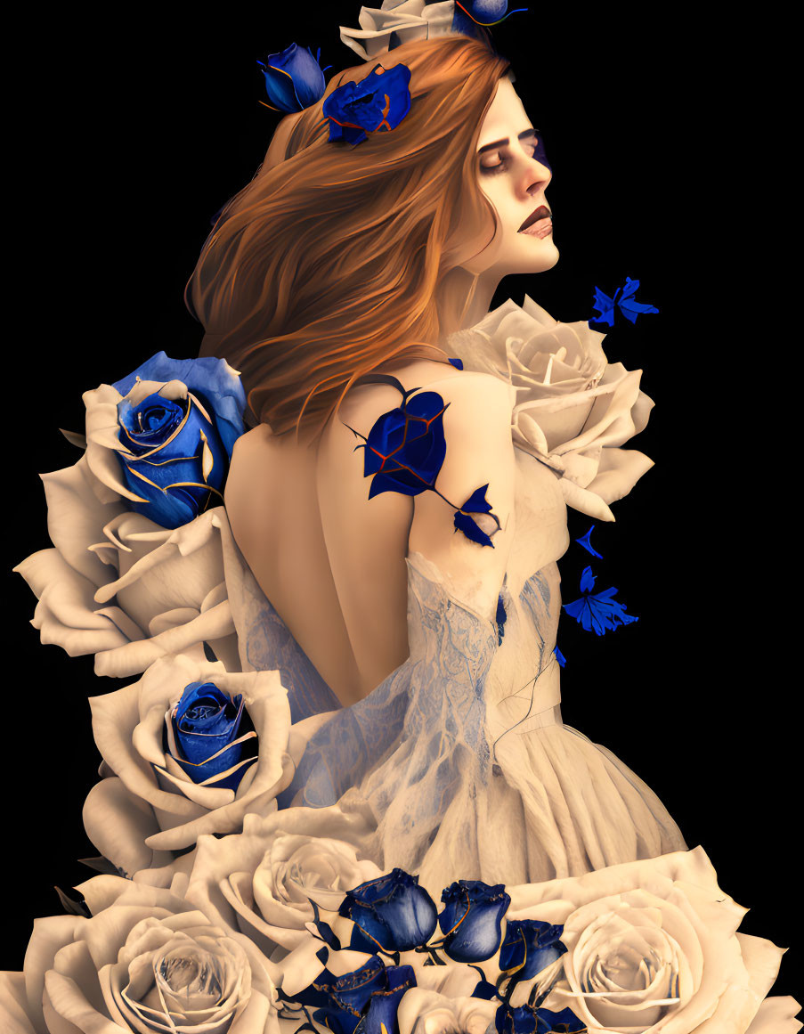 Woman in White and Blue Floral Dress with Roses Surrounded by Blue Butterflies on Black Background