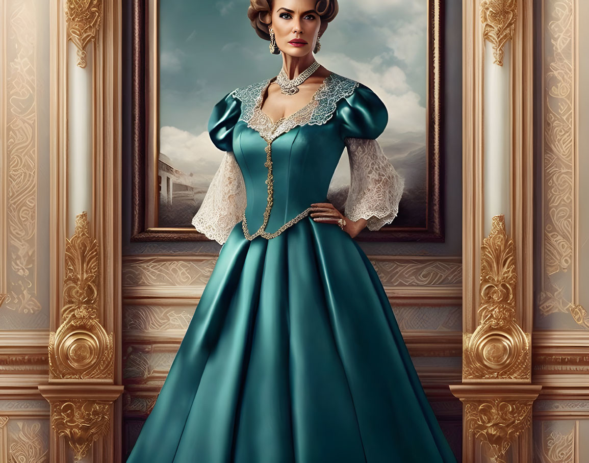 Vintage Teal Gown and Pearl Necklace in Luxurious Room