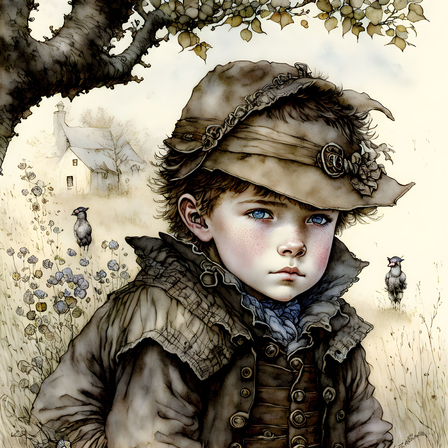 Vintage clothing boy illustration in pastoral landscape with house and sheep.