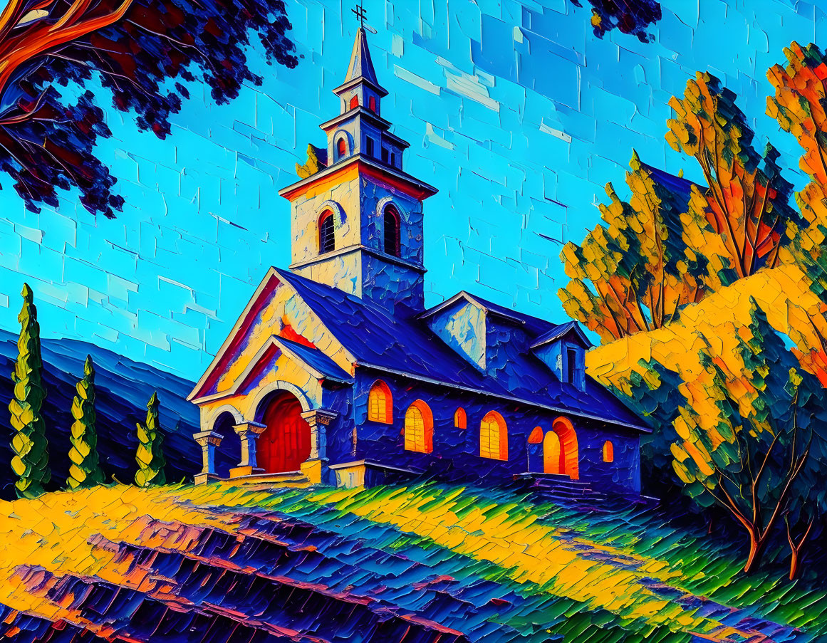 Vibrant church scene with steeple in colorful landscape