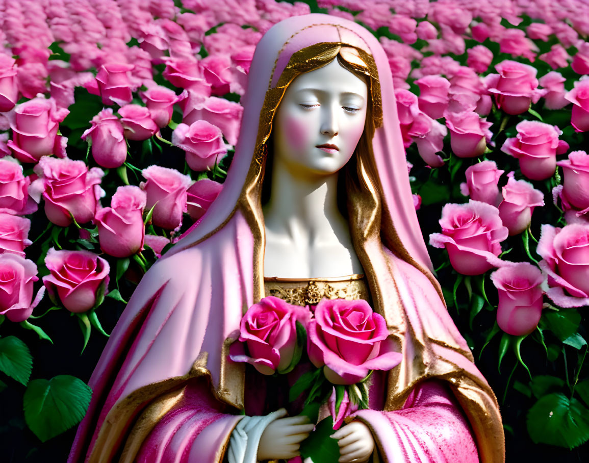 Serene Virgin Mary statue in pink and gold robe among pink roses