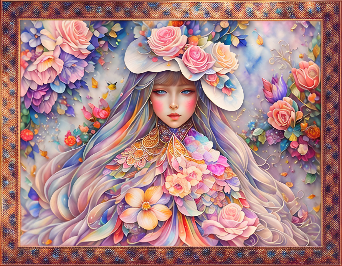 Colorful Floral Woman Illustration with Purple Hair and Intricate Background