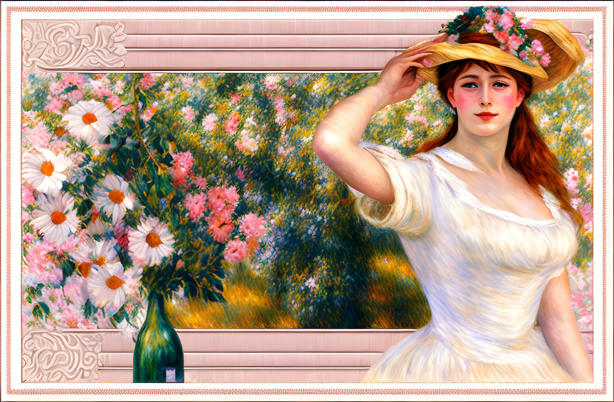 Woman in White Dress with Flower Hat in Blooming Garden Scene