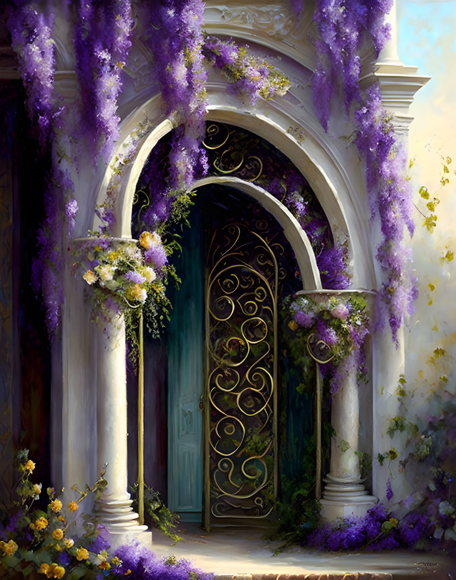 Ornate Arched Doorway with Purple Wisteria Vines and Wrought-Iron Gate