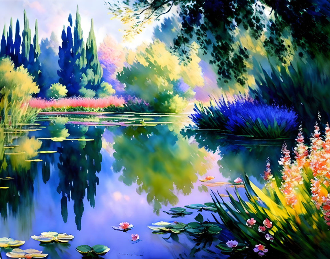 Colorful Impressionistic Painting of Serene Pond and Lush Foliage