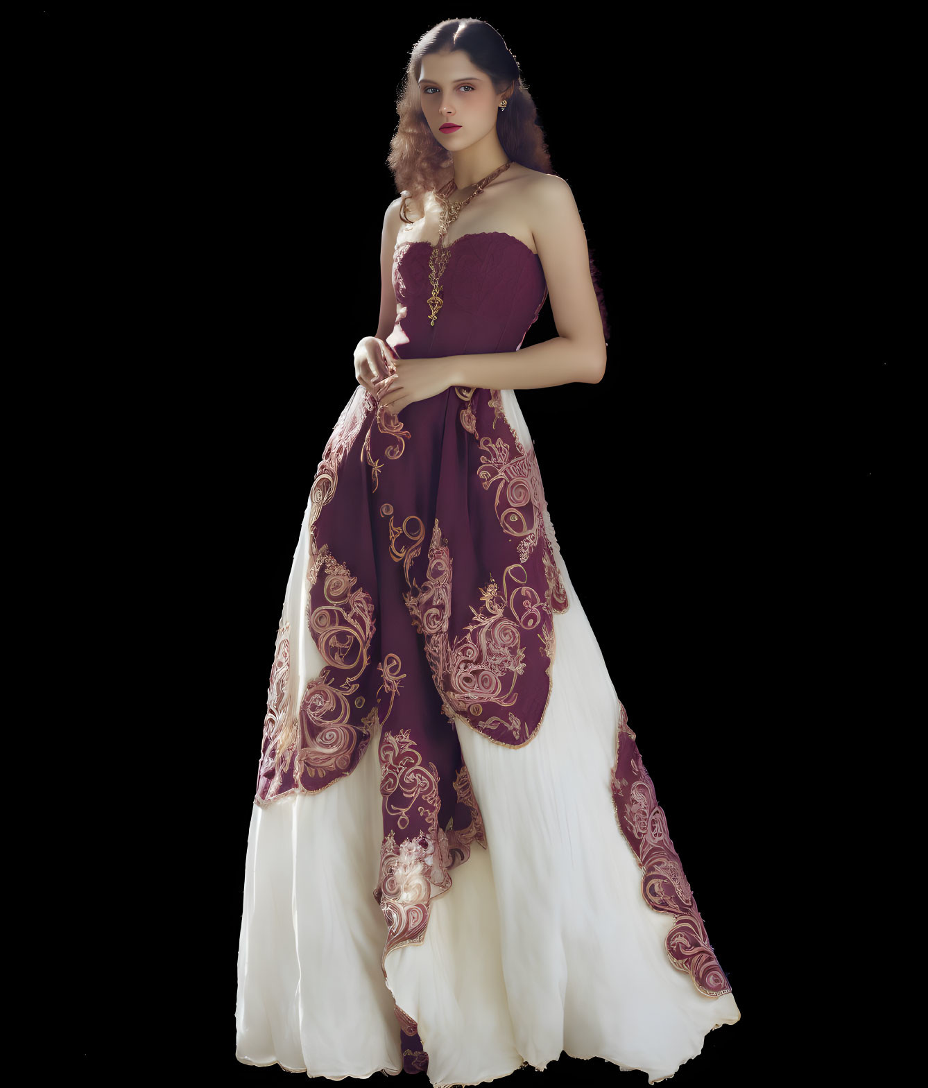 Elegant woman in burgundy and white dress against black background