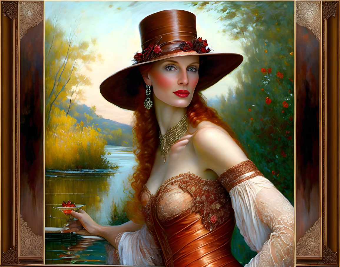 Vintage painting of woman with red hair in wide-brimmed hat holding teacup by serene river