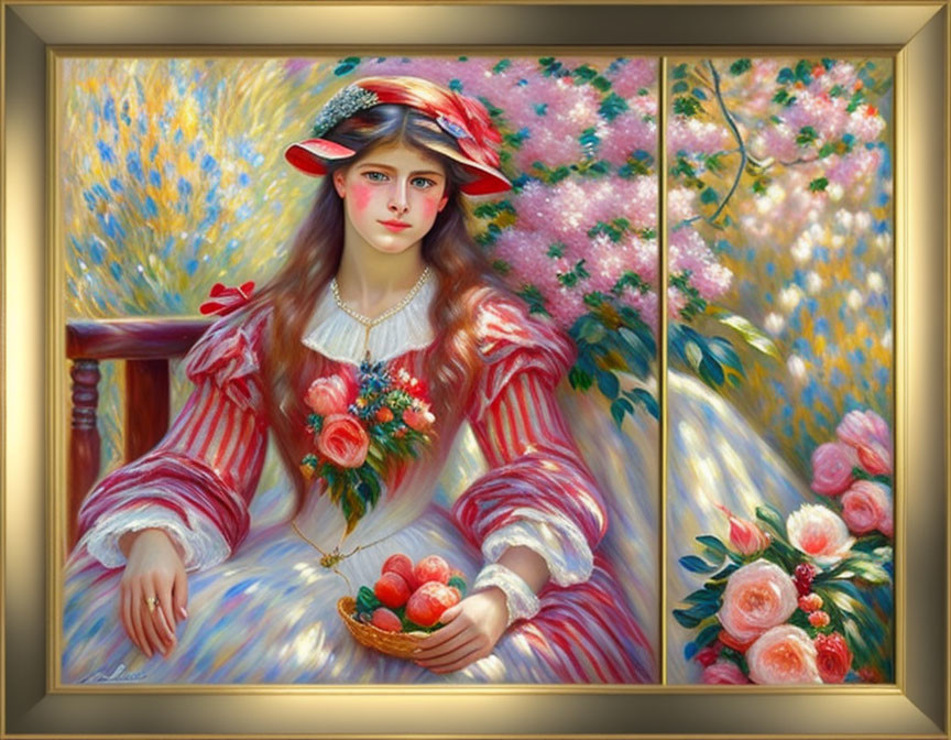 Young girl with straw hat holding strawberries by window with blooming flowers