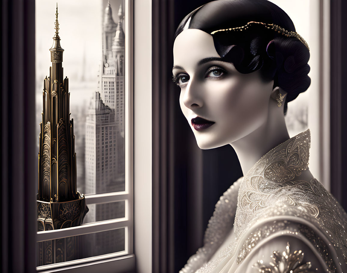 Vintage hairstyle woman looking out window with Art Deco building.