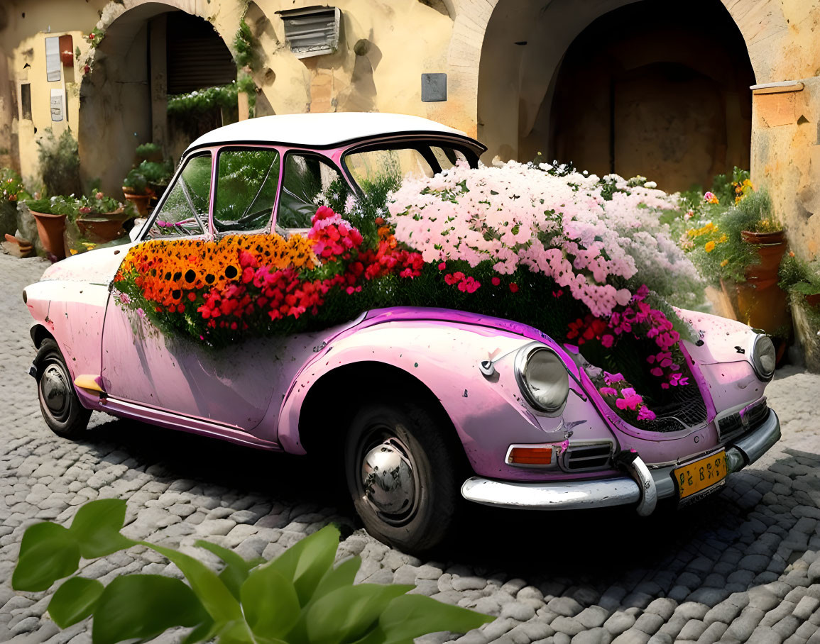 Pink vintage car filled with flowers on cobblestone street