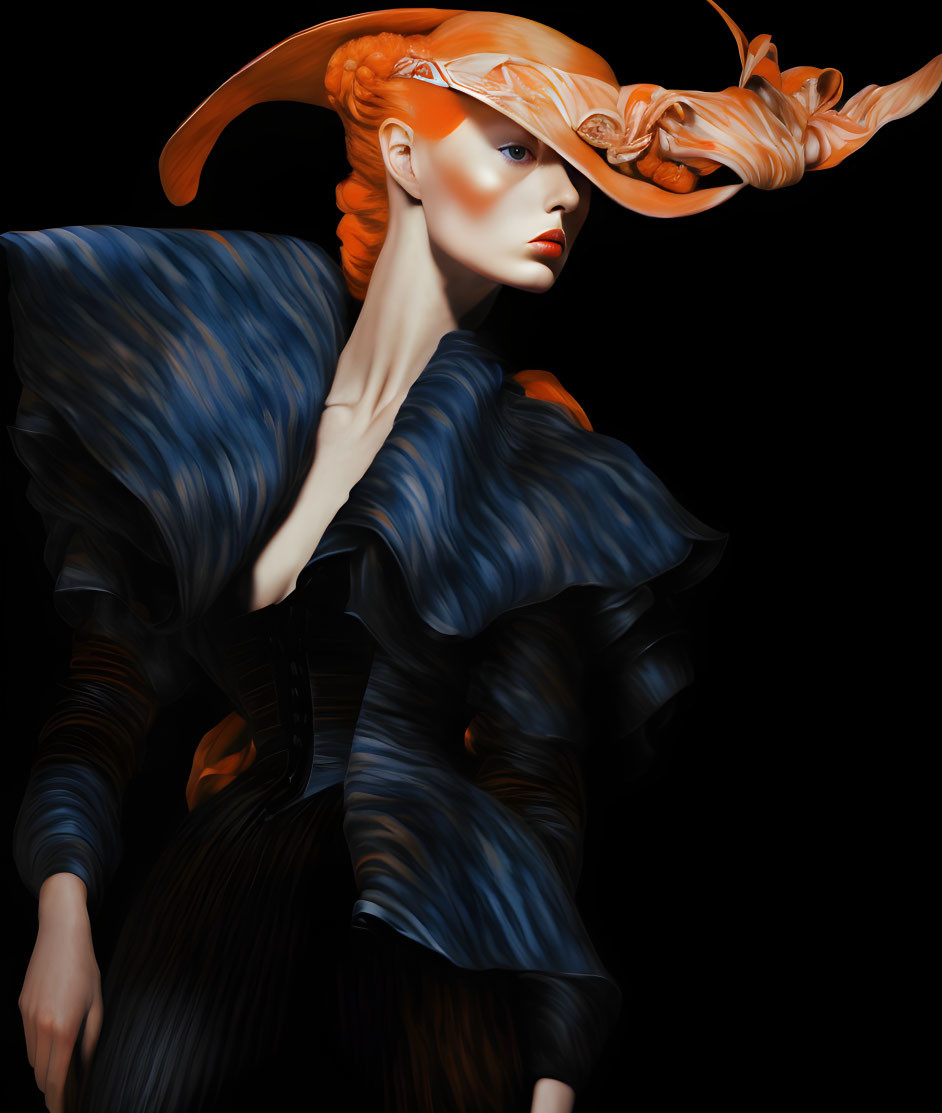 Vivid Artistic Illustration: Pale-skinned woman with flame-colored hair in sculptural blue garment