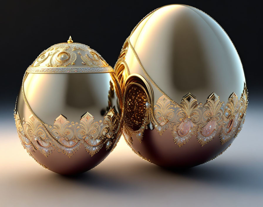 Ornate golden eggs with intricate patterns and jewels, one cracked open