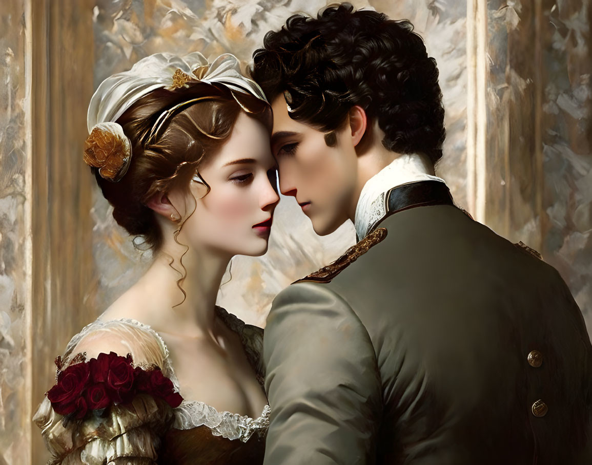 Man and woman in regal attire sharing a tender embrace against textured backdrop