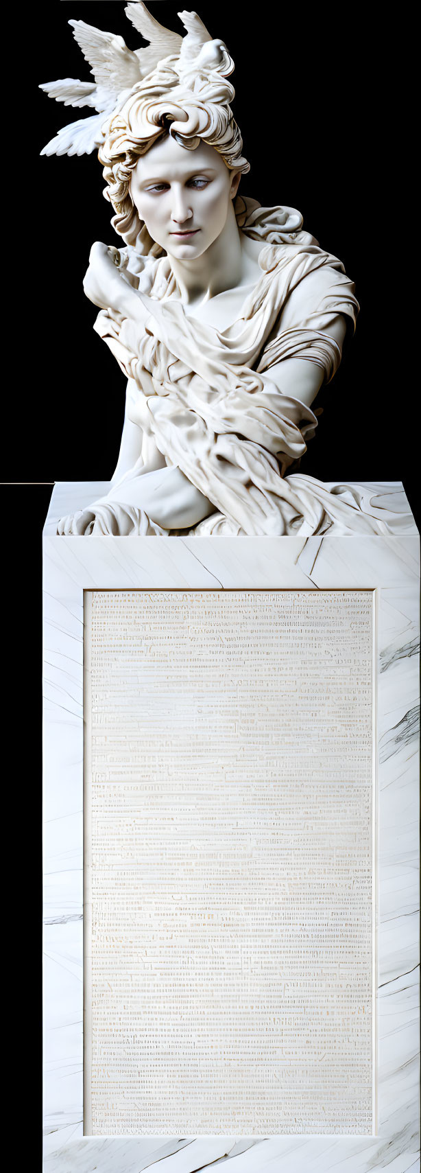 Marble bust of woman with winged hair on detailed pedestal slab