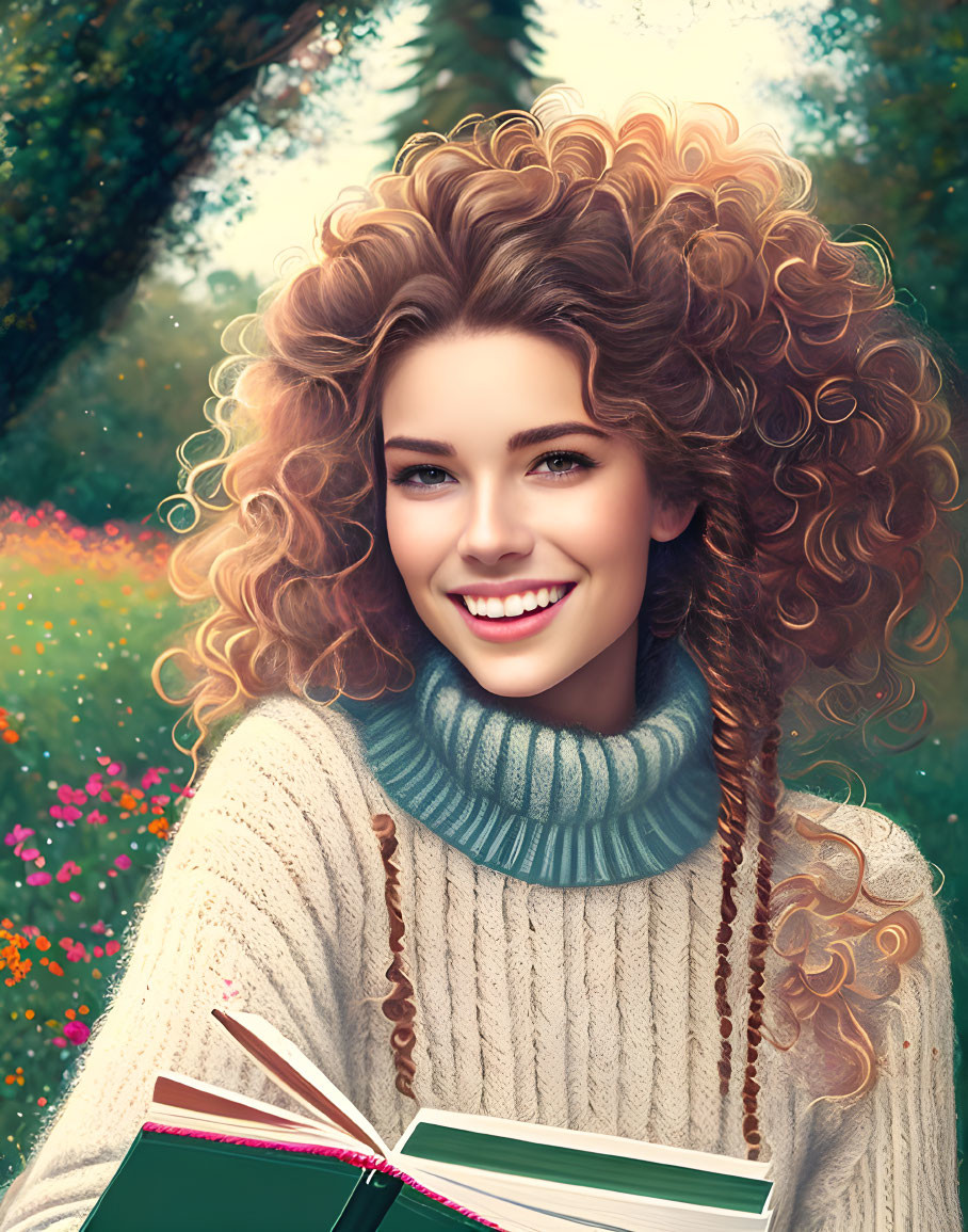 Smiling woman with curly hair in turtleneck sweater holding book on floral background