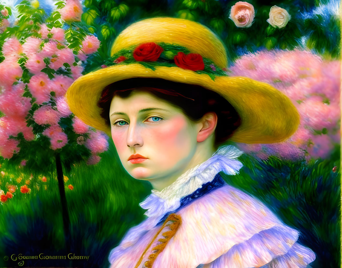 Portrait of Woman with Blue Eyes in Yellow Hat and Red Roses Against Floral Background