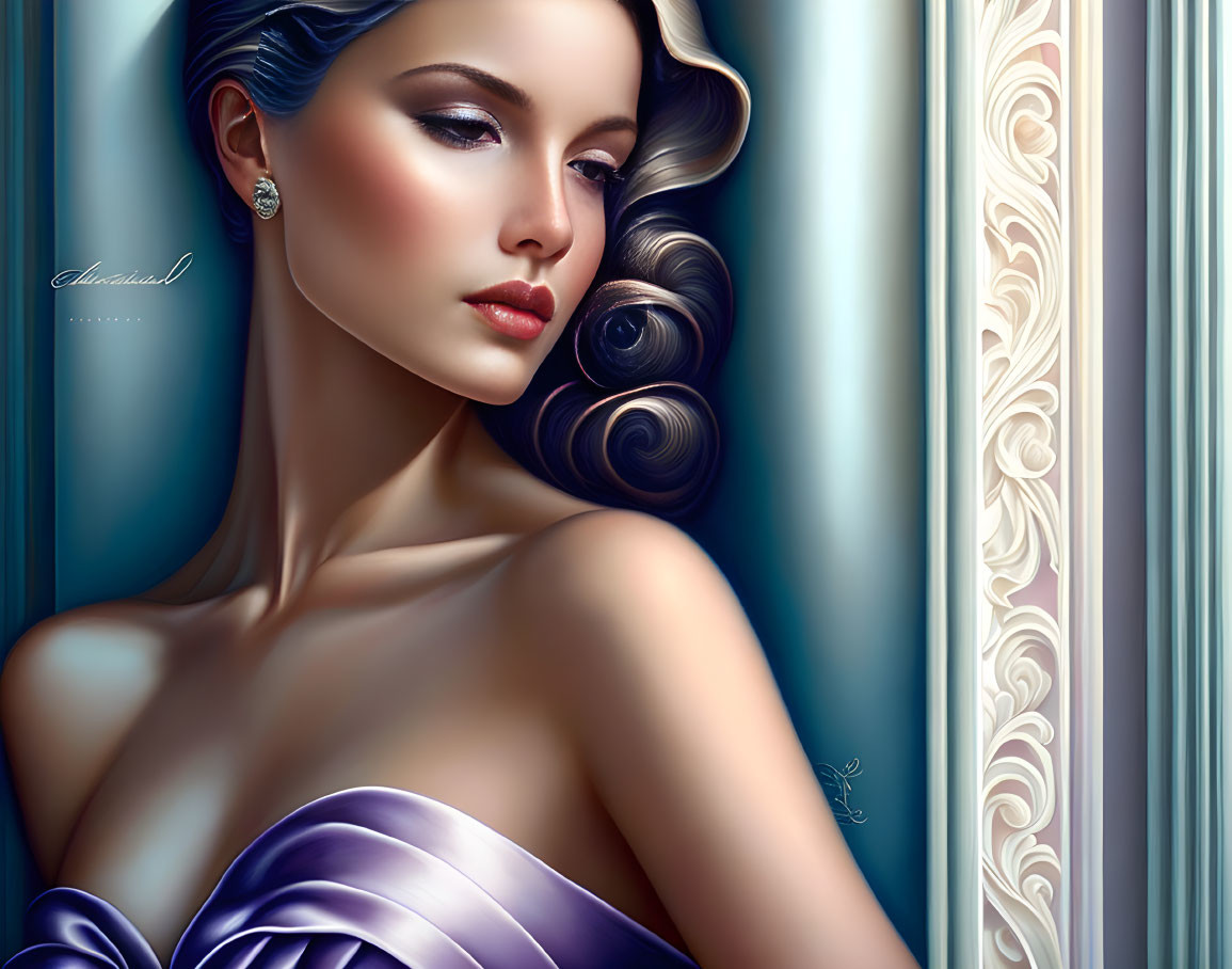 Illustration of woman with wavy hair in purple gown by column