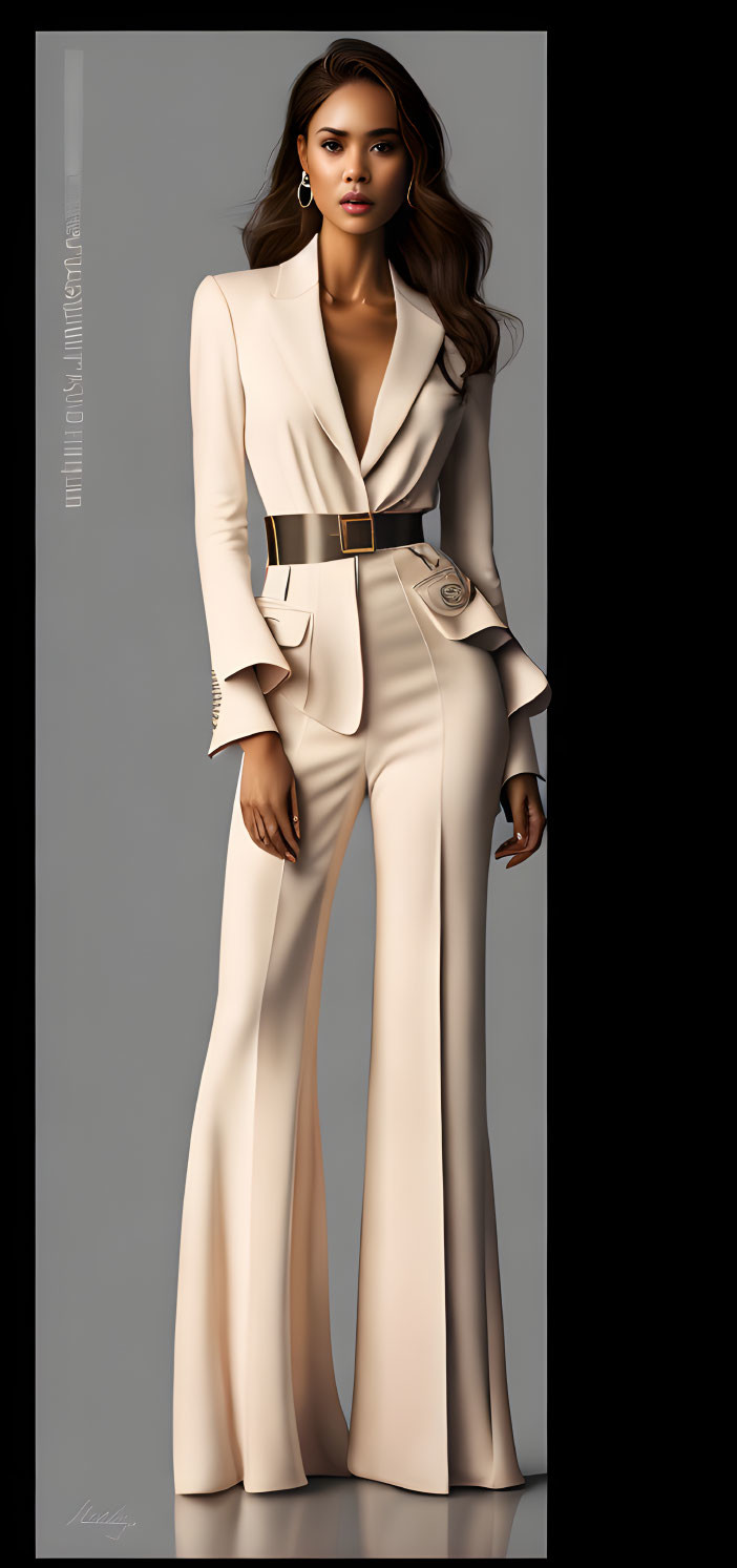 Stylish Beige Pantsuit with Flared Leg and V-Neckline