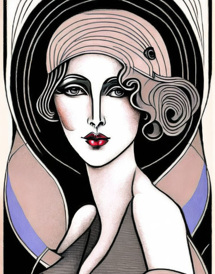 Art Deco Style Woman Illustration with Wavy Hair and Red Lips