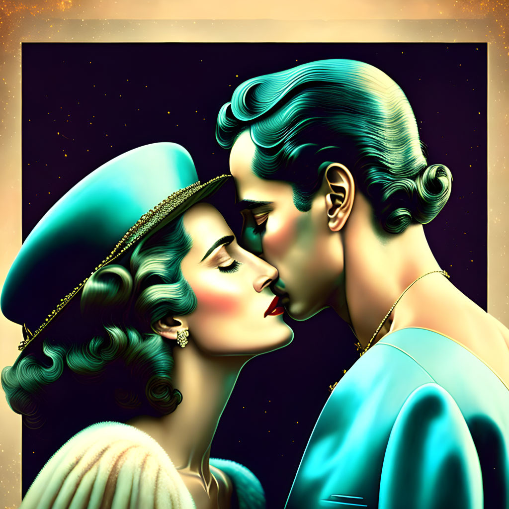 Vintage clothing couple in romantic nose-to-nose moment under starry sky