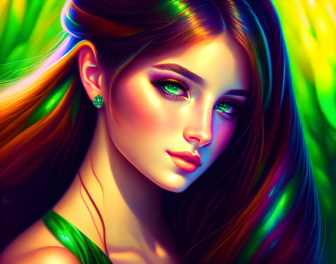 Colorful digital portrait of a woman with green eyes and auburn hair