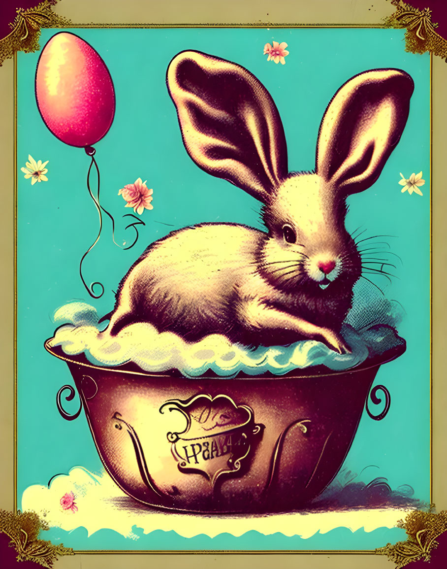 Vintage-Style Brown Rabbit Illustration in Decorative Cup with Pink Balloon and Flowers on Teal