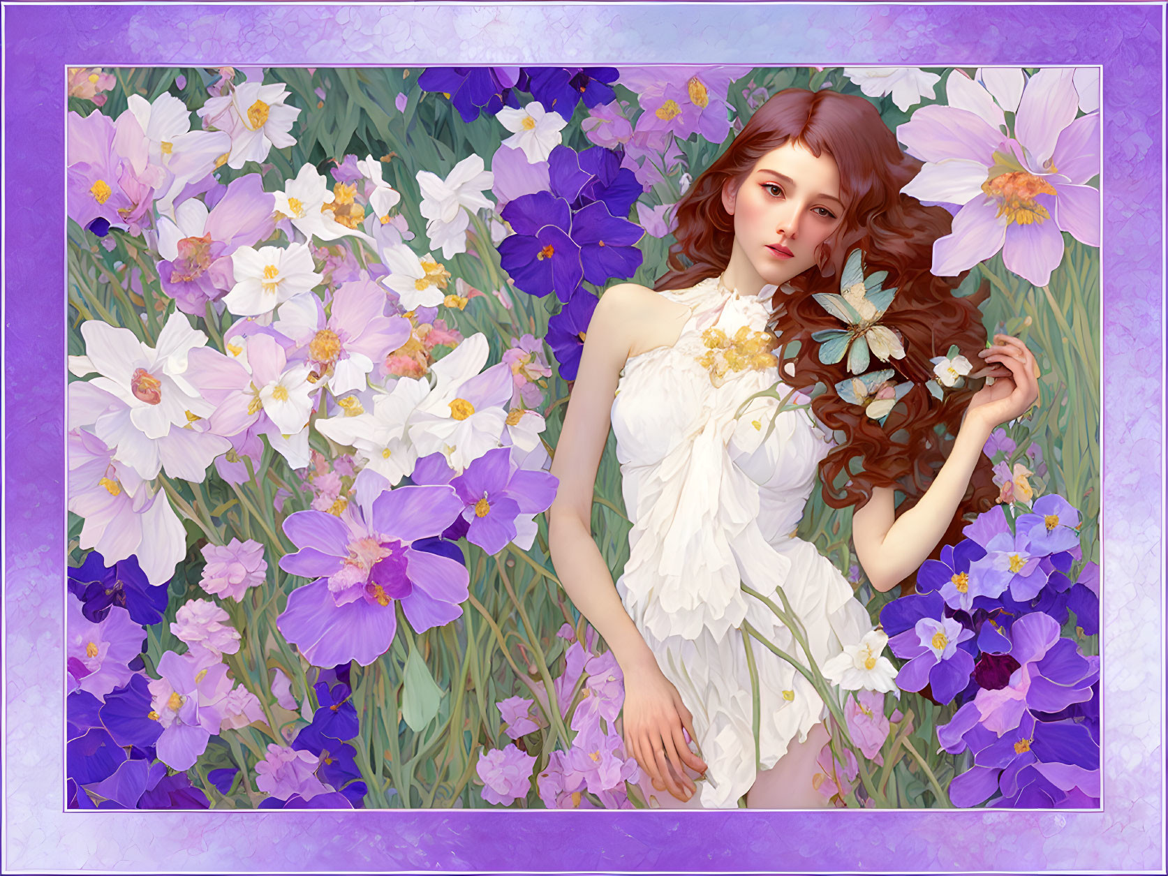 Illustrated woman with long wavy hair in white dress amid vibrant garden