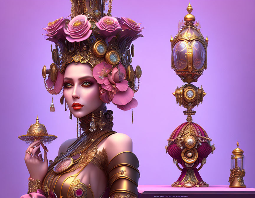 Intricate female figure with floral headdress and floating mechanical objects on purple background