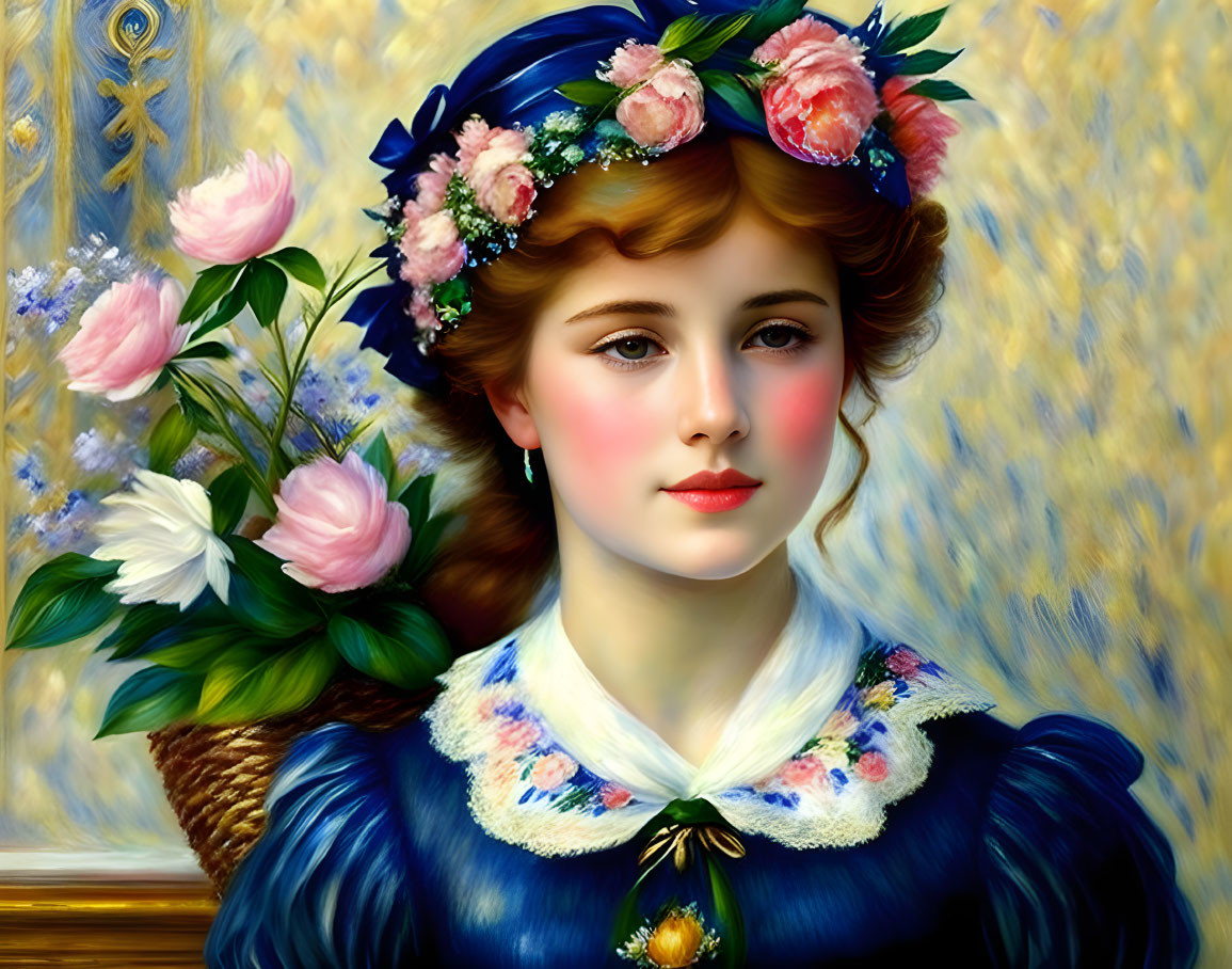 Portrait of Young Woman in Blue Dress with Floral Wreath