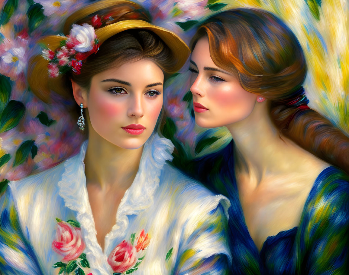 Two women with vintage fashion hairstyles and floral adornments in vibrant impressionist painting.