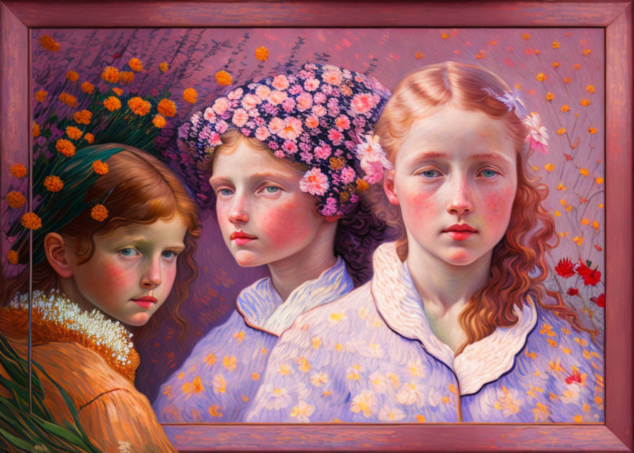 Three girls with floral adornments in a decorative frame amidst vibrant flowers