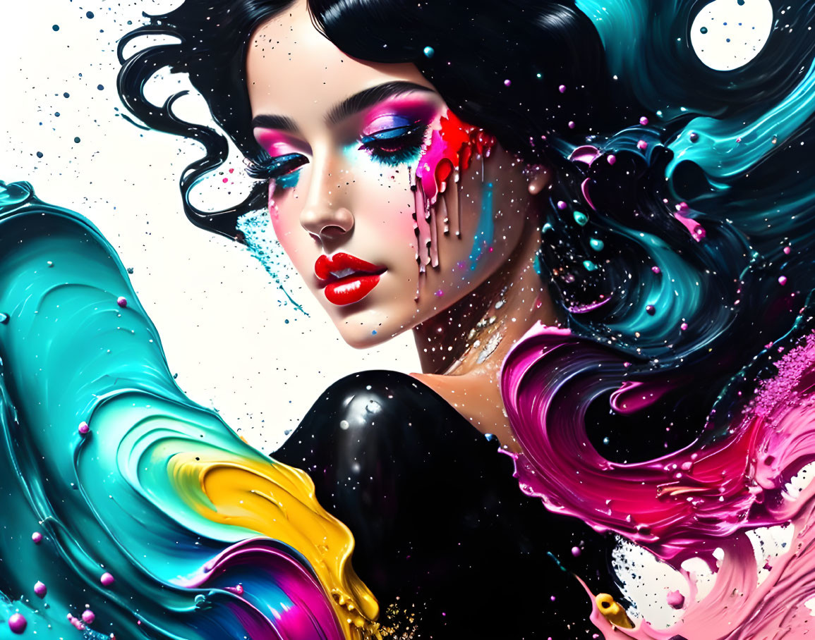 Vibrant digital artwork: Woman with flowing hair and abstract paint splatters